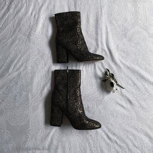 Grey and Gold Paisley Heeled Ankle Boots